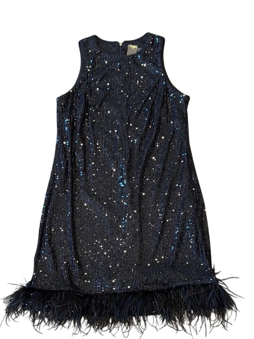 NEW WITH TAGS-Taylor Black Sequin Sleeveless Cocktail Feather Hem Sheath Dress 6
